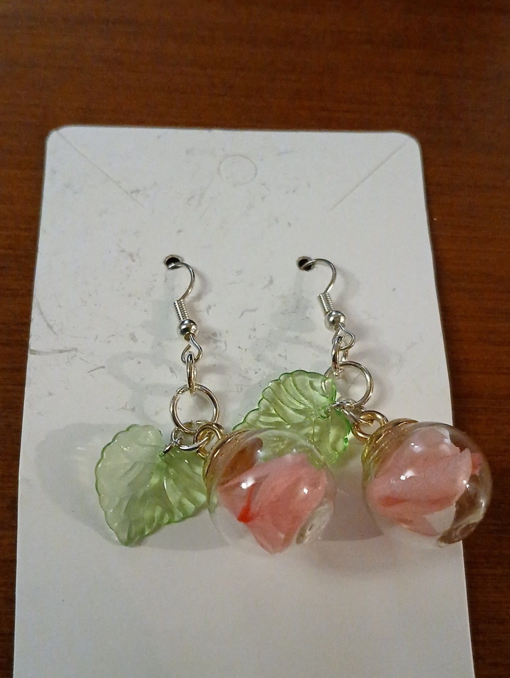 Handmade Pink Glass Flower & Green Leaf Dangle Earrings - Picture 2 of 8